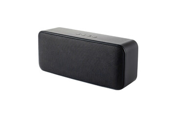 Compact black bluetooth speaker with mesh grille front and minimalist rectangular design for portable audio, isolated on a transparent background