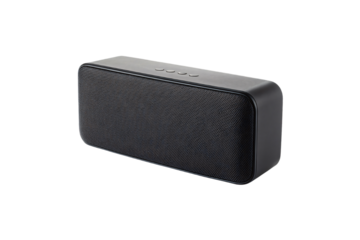Compact black bluetooth speaker with mesh grille front and minimalist rectangular design for portable audio, isolated on a transparent background