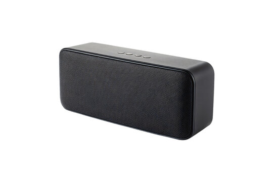 Compact black bluetooth speaker with mesh grille front and minimalist rectangular design for portable audio, isolated on a transparent background
