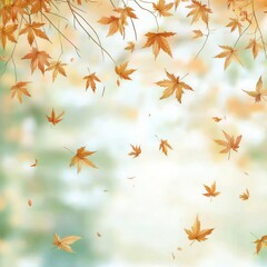 golden autumn maple foliage flying in gentle breeze against defocused dreamy forest backdrop