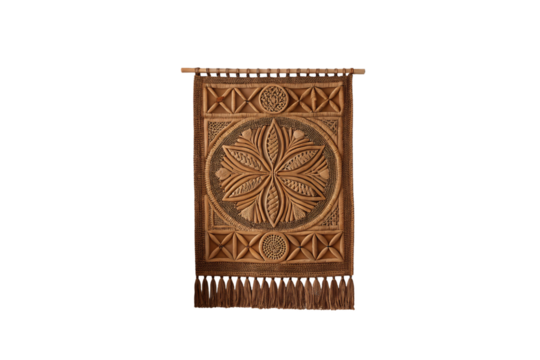 Carved wooden wall tapestry featuring ornate floral rosette centerpiece with decorative border patterns and fringe, isolated on a transparent background - Powered by Adobe