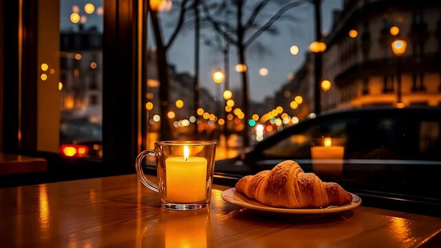 Cozy Parisian Cafe Scene Candlelit Croissant and City Lights at Dusk