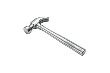 Claw hammer with curved head and textured grip handle in polished metallic finish construction tool, isolated on a transparent background