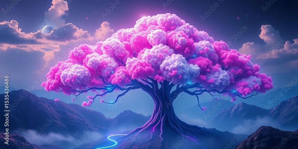 Poster futuristic cloud data tree with ai nodes, vibrant digital landscape, cloud computing, web