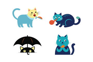 Set Of Playful Cats Enjoy Foods