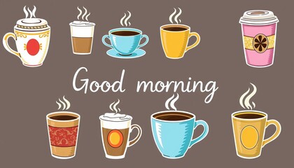 Good morning! Colorful hand-drawn coffee cups in various styles, isolated vector illustration,  espresso,  colorful