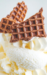 Ice cream waffle texture close-up showing intricate patterns, ideal as dessert background