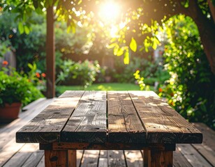 Naklejka premium Rustic Wooden Garden Table Under Sunlight