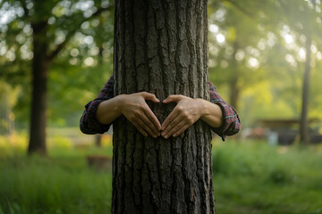 Person embracing a tree trunk forming a heart shape with hands