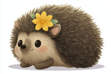 Cartoon hedgehog with big eyes, blushing cheeks, and a yellow flower on its head. Perfect for children’s books, nursery prints, greeting cards, educational content, and adorable animal-themed designs