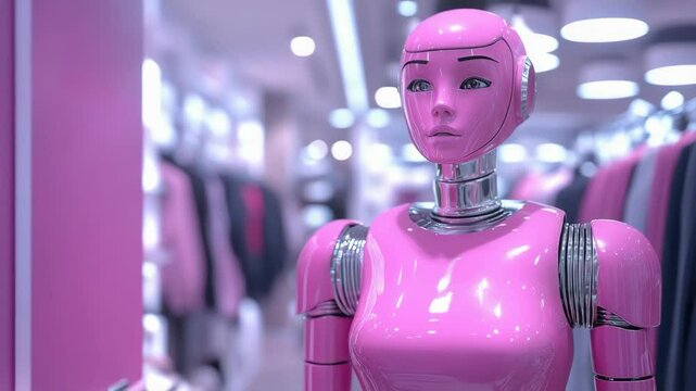 Shiny pink robot mannequin in fashionable clothing store with blurred racks, futuristic retail environment, flash sale concept - Powered by Adobe