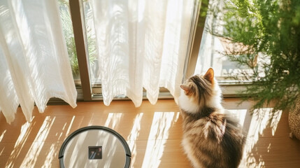 Kitten sitting next to robot vacuum cleaner on wooden floor