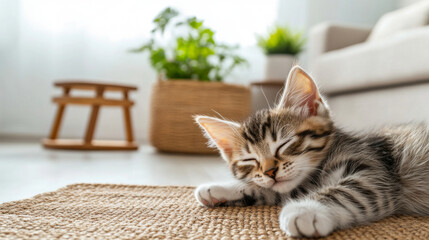 Kitten sleeping peacefully on textured mat with houseplants in cozy room