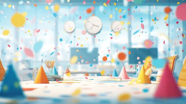Summer Time A festive office party scene shows colorful confetti and party hats scattered on a table with clocks on the wall indicating celebration is in full swing now.