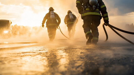 Firefighters running with hoses on wet road during golden hour, emergency scene