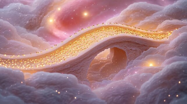 Aerial Celestial Magpie Bridge Connecting Golden Vega and Silver Altair in Swirling Pink Nebula Galaxy, Chinese Paper-Cut Style with 3D Depth and Romantic Lavender Gold Gradient