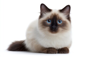 A cream and brown Burmese cat with blue eyes is lying down against a white backdrop