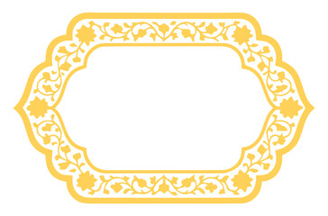 A digital drawing of an ornate, gold-colored frame with intricate floral and leaf patterns. The frame is symmetrical, with two pointed ends and a central rectangular opening. 