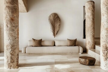 Minimalist, earthy-toned living area with a natural, modern aesthetic