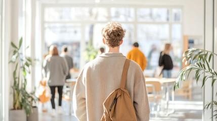 Young man entering college campus with a backpack, focus on individual
