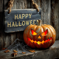 Illuminated pumpkin with fierce expression sits against a wooden backdrop, complemented by a welcoming Halloween sign. Cobwebs and fallen leaves add to the eerie charm of the season.