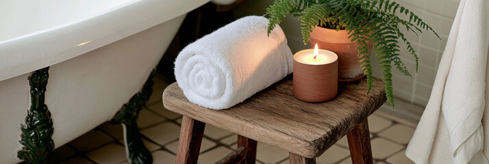 Relaxing spa scene with lit candle, fern, and rolled towel on wooden stool, background