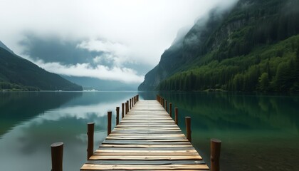 Fototapeta premium Mountain Lake Pier Scenic Landscape Serene Nature Tranquil Reflection Calm Water Forest Misty Cloudy Outdoors Travel