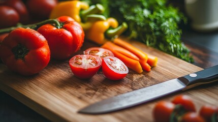 Fresh vegetables on wooden cutting board prepared for cooking a healthy meal