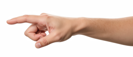 Hand pointing forward, showcasing natural gesture that conveys direction or emphasis. skin tone is light, and fingers are slightly curved