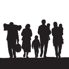 silhouette of seven refugees walking from behind or in front