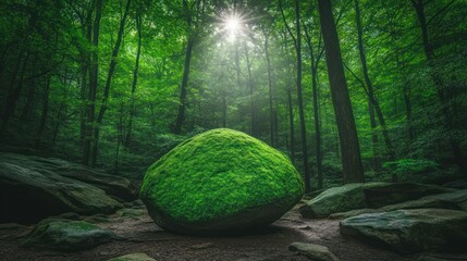 Moss-covered boulder in a serene, sunlit forest