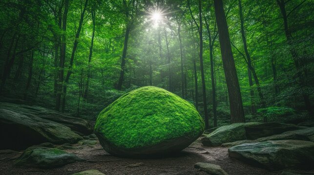 Moss-covered boulder in a serene, sunlit forest