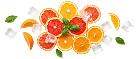 Fresh citrus fruits, including oranges and grapefruits, arranged with ice cubes and basil leaves, create vibrant and refreshing composition
