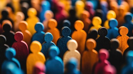 Fototapeta premium Colorful wooden figurines crowded together, representing diversity and community in a vibrant, abstract way.