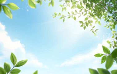 Blue sky and white clouds with green leaves in foreground, suitable for background