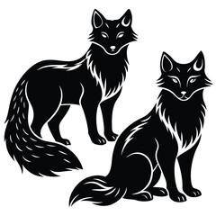 Fototapeta premium Elegant black fox silhouettes in standing and sitting poses vector illustration design