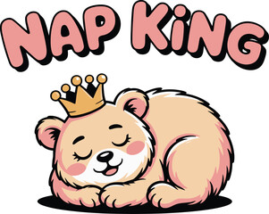 Adorable Sleeping Bear Cub King Crown Cute Cartoon Illustration nap paw baby rest pink soft logo  