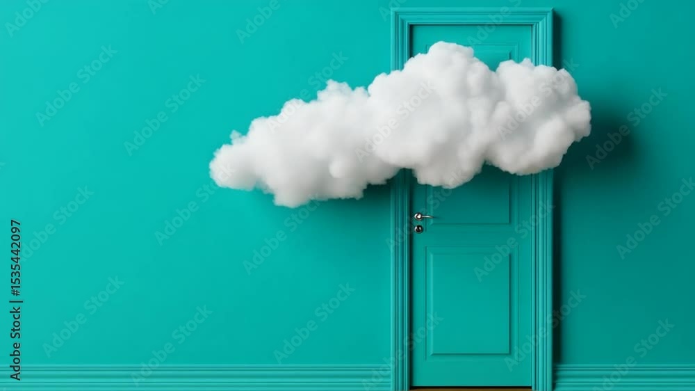 Poster bright turquoise door with white fluffy cloud floating above it creating a whimsical and surreal atm