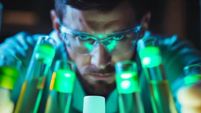 Focused male lab scientist conducts high-tech experiment with neon-green liquid in glass tubes, showcasing cutting-edge biotechnology research and innovation