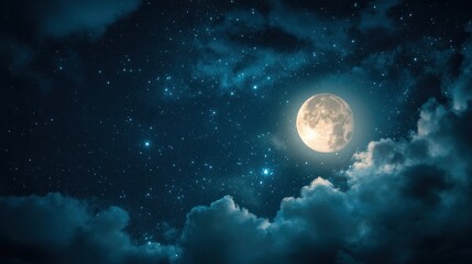 Mystical moonlit night with clouds and stars creating a magical scene