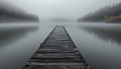 Obraz premium Misty Lake Pier Forest Landscape Foggy Autumn Serenity Nature Calm Reflection Tranquility Peace Woods Scenic View Atmospheric