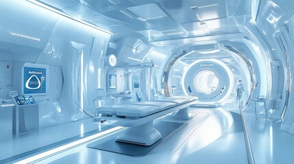 Futuristic Medical Imaging Room with Protective Gear