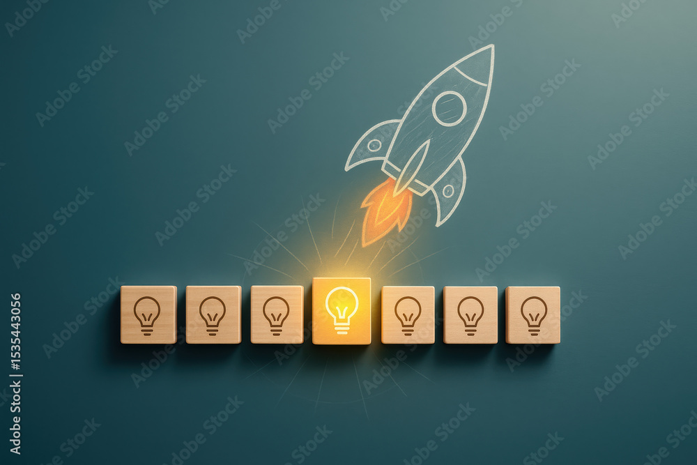 Aufkleber innovation sparks progress as a highlighted idea block launches growth and development against a smo