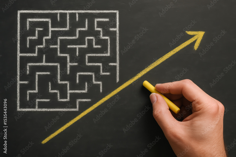 Aufkleber strategy and progress converge as a draws a yellow arrow escaping a complex maze on a dark chalkboar
