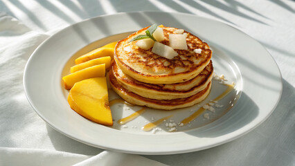 Mkatra foutra - Pan fried coconut tortillas with a distinctive golden crust. Great in a stack or with a slice of fresh mango in the background.