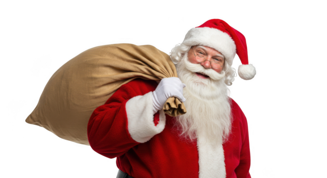 Santa claus carrying a sack full of gifts isolated on transparent background