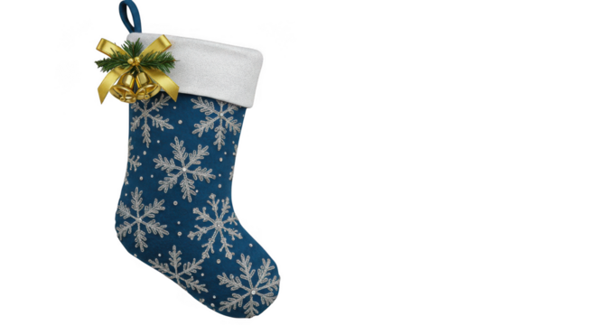 Christmas stocking with snowflakes and bells isolated on transparent background