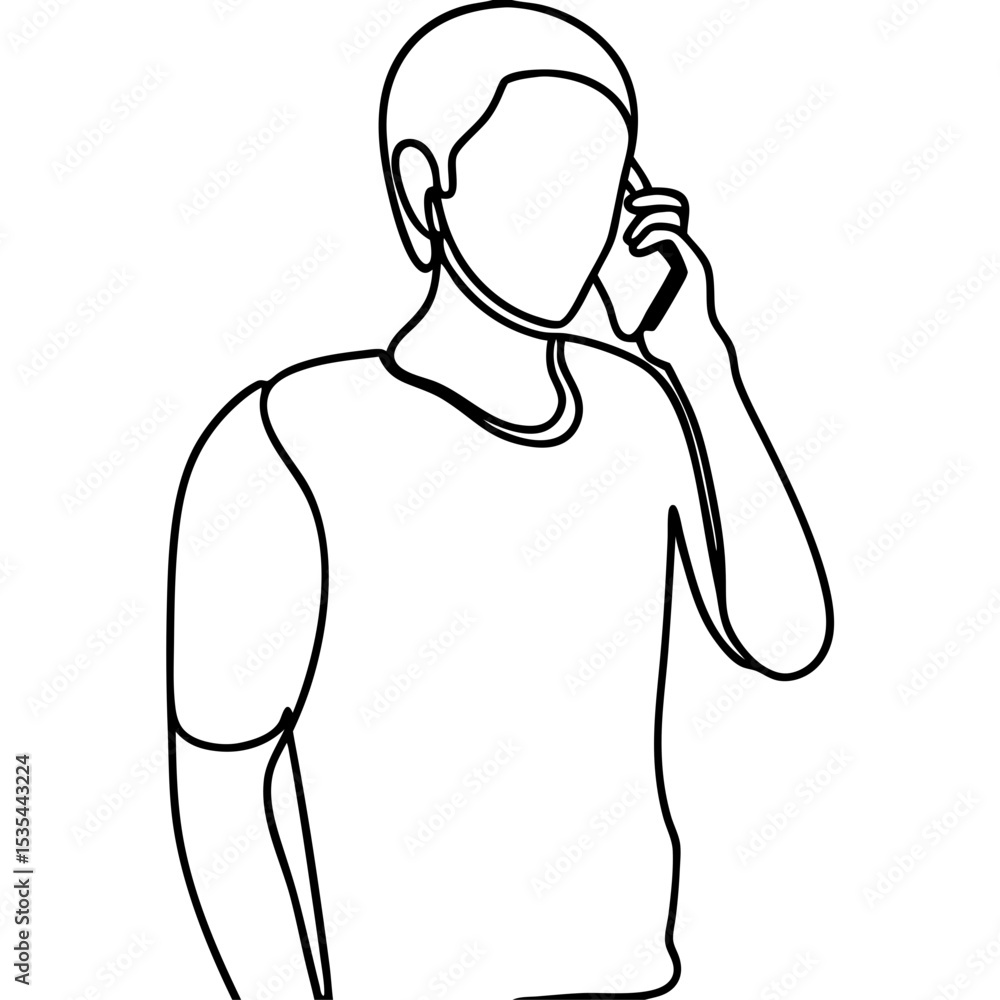 Poster man talking on phone line art illustration. simple line drawing of person using smartphone. stylish 