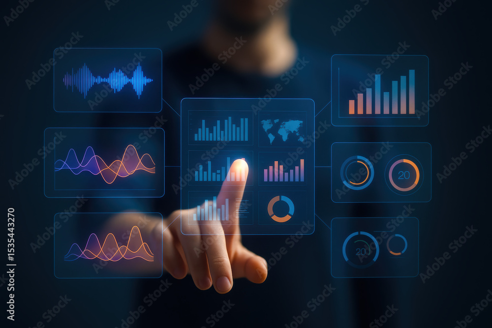 Poster insight and analysis drive decision making as a interacts with virtual charts and data visualization