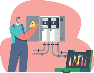 Electrician repairing electricity box vector illustration